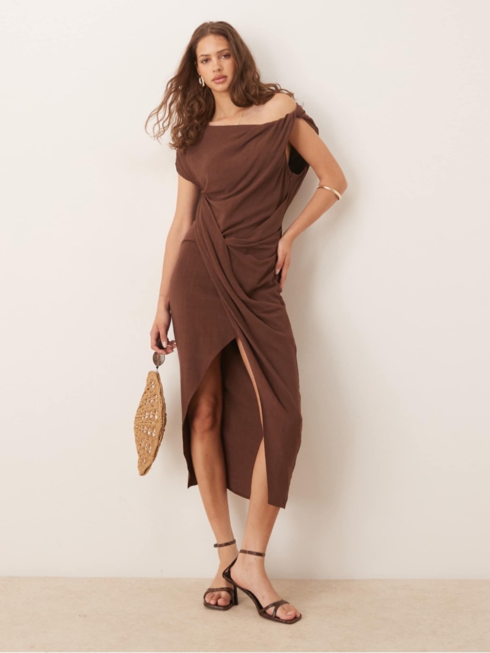 ASOS Brown One-Shoulder Draped Midi Dress